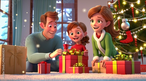 Happy Family Opening Christmas Presents Under the Christmas Tree