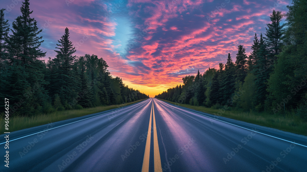 Fototapeta premium Picturesque road along the forest at sunset