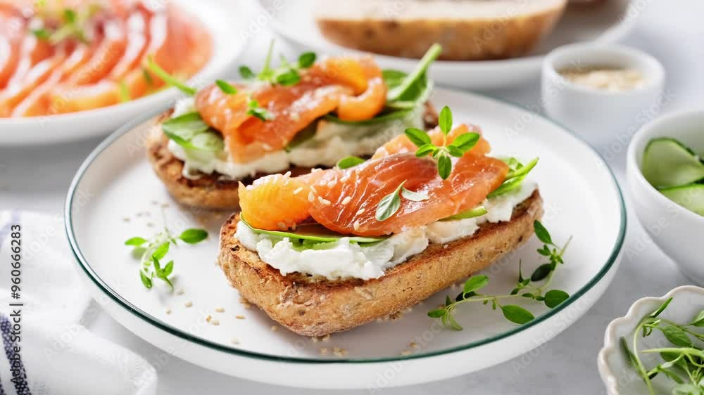 Salted salmon sandwiches with soft cream cheese spinach and thyme, seafood toasts, stock video 4k Salted salmon sandwiches with soft cream cheese spinach and thyme, seafood toasts, stock video 4k