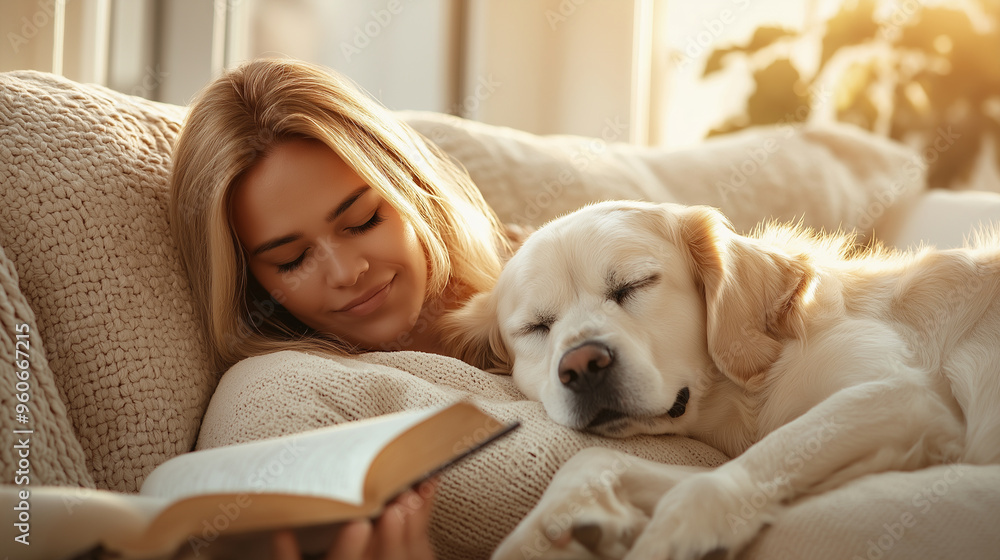 A woman with a joyful expression reading a book on a soft couch, her dog snuggled up next to her, creating a peaceful and cozy scene in a well-lit living room, warmth, home, compan A woman with a joyful expression reading a book on a soft couch, her dog snuggled up next to her, creating a peaceful and cozy scene in a well-lit living room, warmth, home, compan