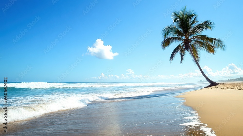 A serene coastline unfolds with a lone palm tree standing tall, while soft waves kiss the sandy beach beneath a clear, vibrant sky A serene coastline unfolds with a lone palm tree standing tall, while soft waves kiss the sandy beach beneath a clear, vibrant sky