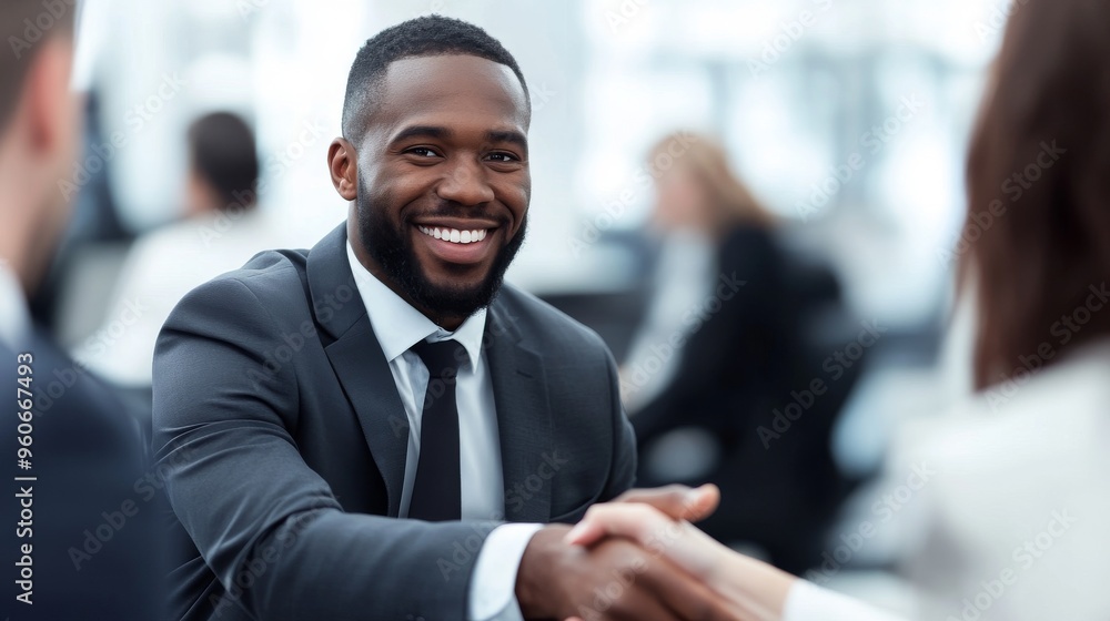 The handshake of two businessmen represents co-operation between the two businesses, a business negotiation with a new client, and a partnership agreement between two businessmen of different races The handshake of two businessmen represents co-operation between the two businesses, a business negotiation with a new client, and a partnership agreement between two businessmen of different races