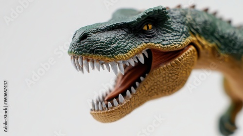 Close-up shot of plastic toy dinosaur with sharp features and vibrant colors photo