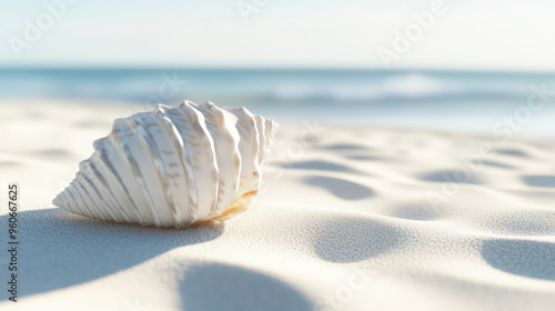 A pristine seashell rests on smooth, sunlit sand with gentle ocean waves in the background, creating a tranquil, beachside scene. photo