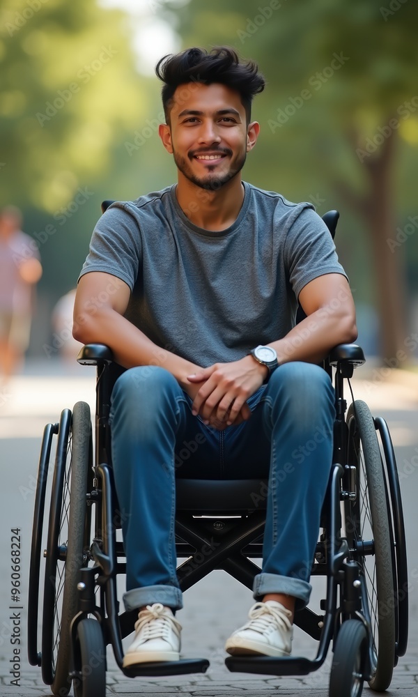 A confident young man in a wheelchair enjoys an outdoor setting, promoting inclusion and empowerment for individuals with disabilities. A confident young man in a wheelchair enjoys an outdoor setting, promoting inclusion and empowerment for individuals with disabilities.