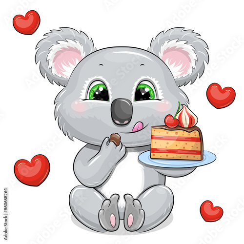 Cute cartoon koala eating cake. Vector illustration of an animal holding a plate with a piece of cake on a white background with red hearts.