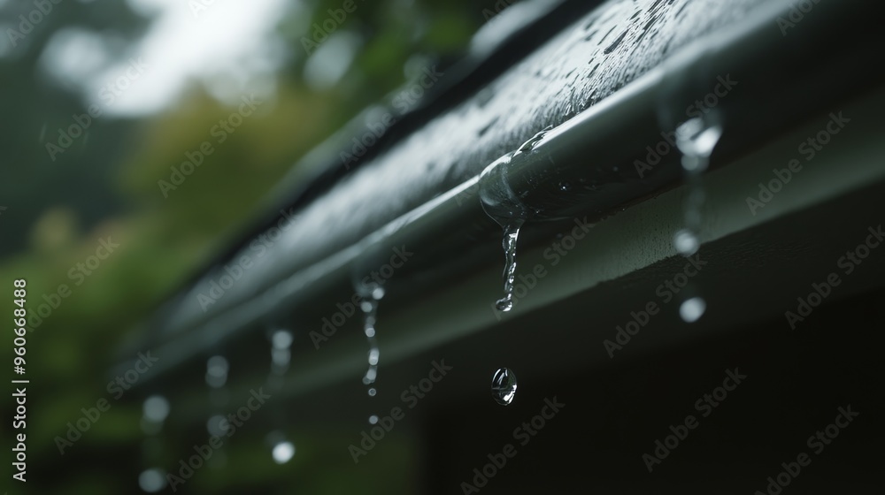 A closeup of rain falling on an aluminum gutter on a shingle roof, illustrating water drainage A closeup of rain falling on an aluminum gutter on a shingle roof, illustrating water drainage