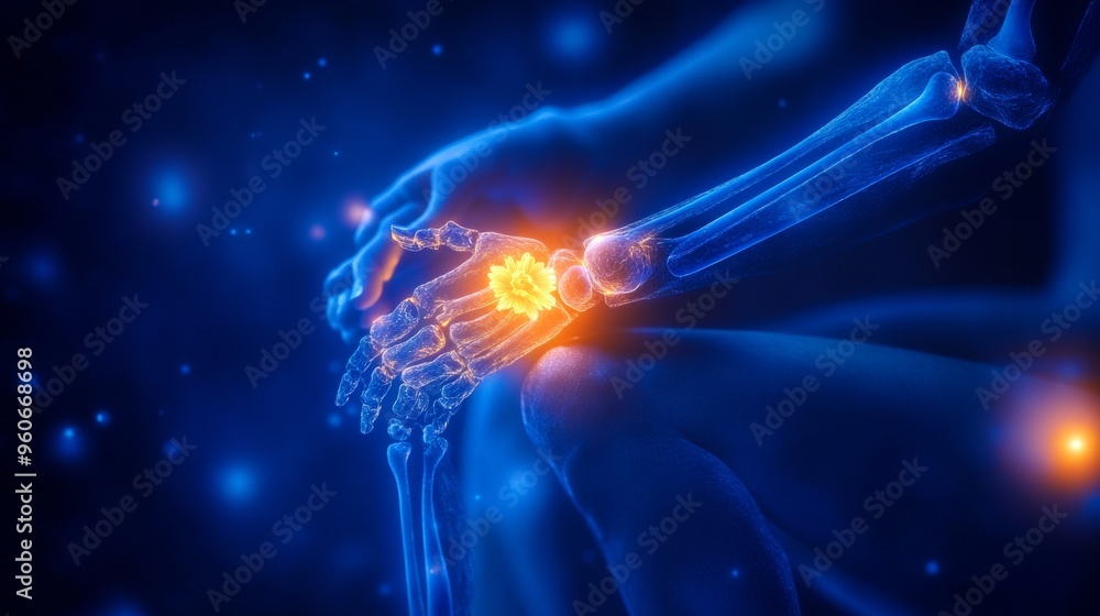 A blue 3D medical x-ray shows the anatomy of the knee joint and bone ...