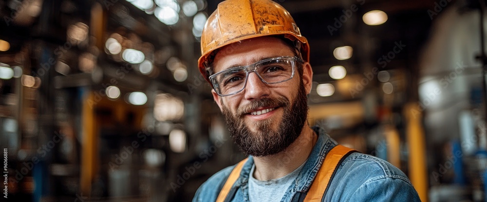 Confident Industrial Worker in Hard Hat and Safety Glasses Smiling at Camera Confident Industrial Worker in Hard Hat and Safety Glasses Smiling at Camera