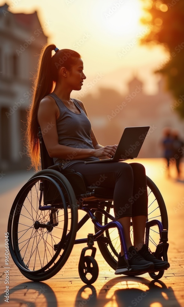 A confident woman in a wheelchair works on a laptop outdoors during sunset, symbolizing empowerment, accessibility, and the integration of technology in everyday life. A confident woman in a wheelchair works on a laptop outdoors during sunset, symbolizing empowerment, accessibility, and the integration of technology in everyday life.