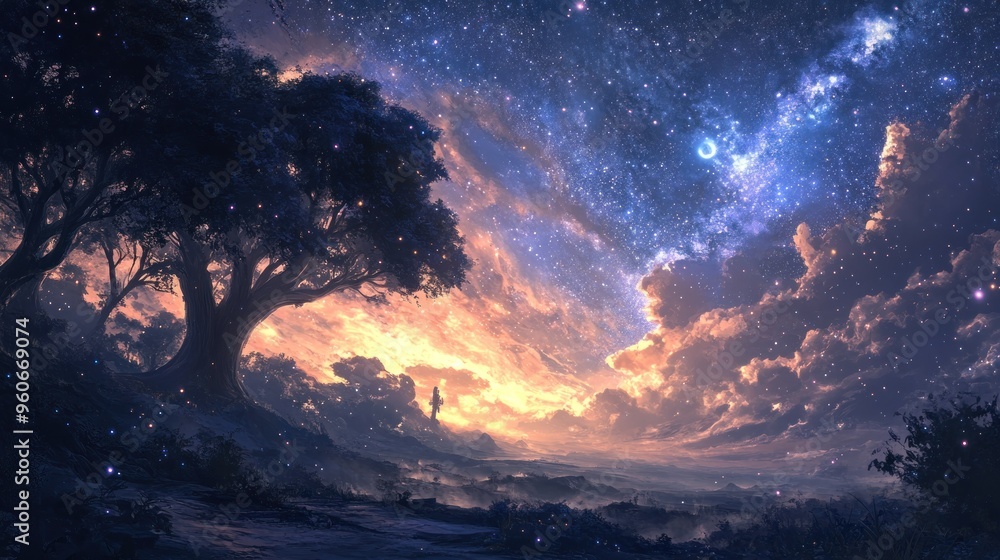 Naklejka premium A lone figure stands in a forest under a starry sky.