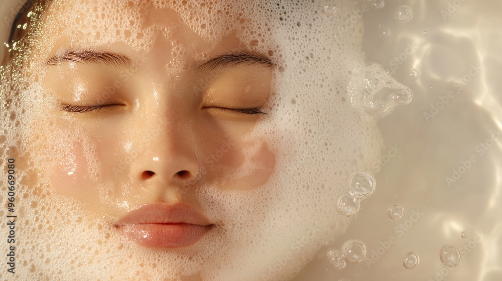 Female person taking a shower, white shampoo foam or soap splashing on her face skin. Bathroom skin care and hygiene, wet body. Female person taking a shower, white shampoo foam or soap splashing on her face skin. Bathroom skin care and hygiene, wet body.