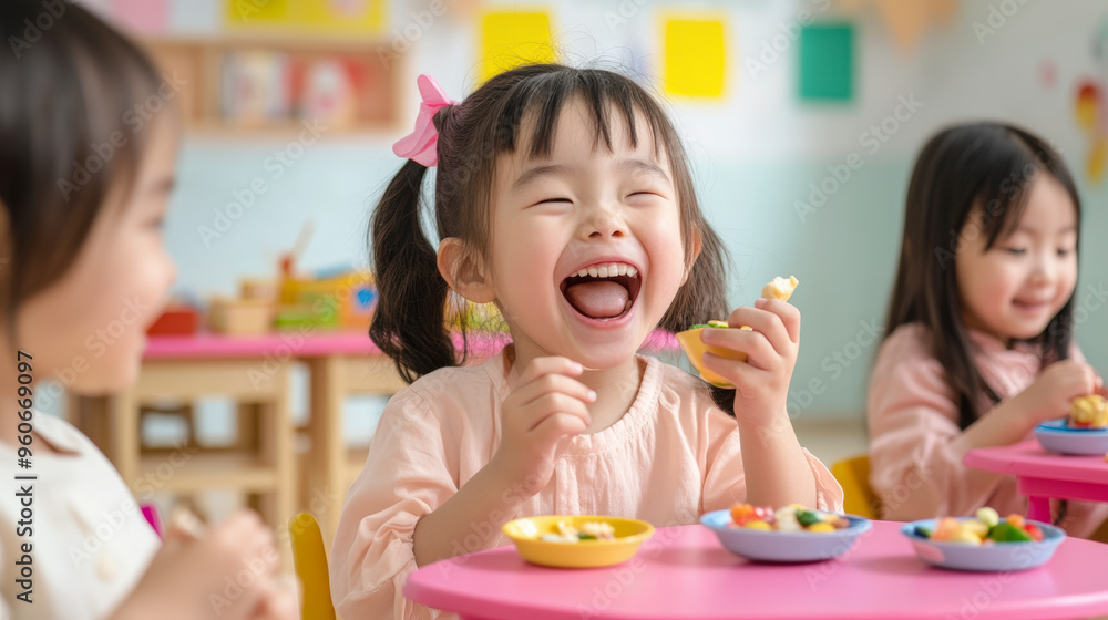 Three young children are joyfully eating snacks at a colorful table, sharing laughter and enjoying their mealtime in a bright, cheerful setting. Three young children are joyfully eating snacks at a colorful table, sharing laughter and enjoying their mealtime in a bright, cheerful setting.