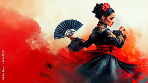 Watercolor art featuring a Spanish flamenco dancer in a black dress with fan on a red background, showcasing cultural elegance. Copy space.