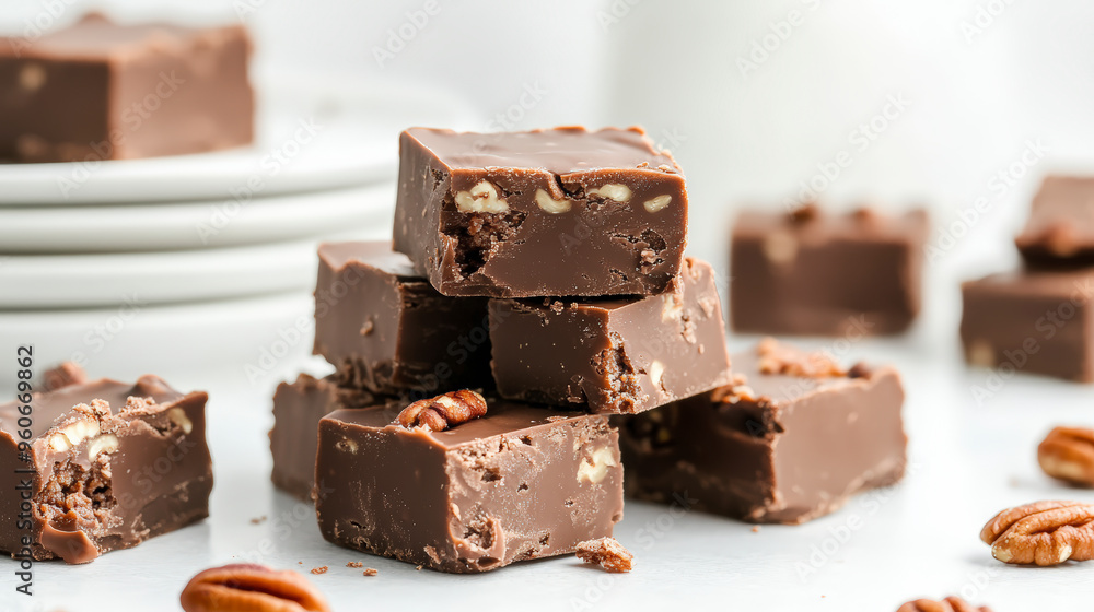 Decadent homemade chocolate fudge pieces stacked on a platter, garnished with crunchy pecans, creating a delightful and tempting sweet treat perfect for any occasion. Decadent homemade chocolate fudge pieces stacked on a platter, garnished with crunchy pecans, creating a delightful and tempting sweet treat perfect for any occasion.