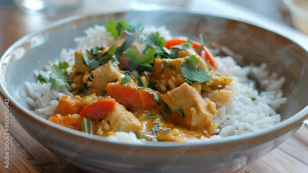 Steaming chicken curry with rice, coriander, and veggies on a wooden table. Aromatic blend of indian and asian flavors, perfect for a tasty meal Steaming chicken curry with rice, coriander, and veggies on a wooden table. Aromatic blend of indian and asian flavors, perfect for a tasty meal