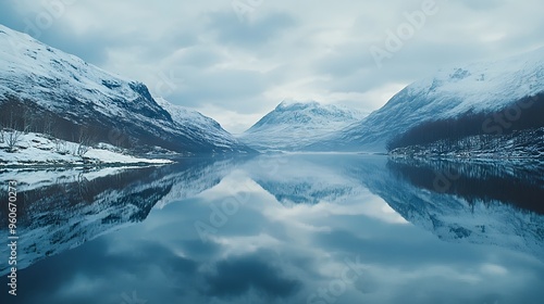 Wallpaper Mural A cinematic still of snow-covered mountains reflecting in the calm waters, creating an ethereal and serene atmosphere Torontodigital.ca