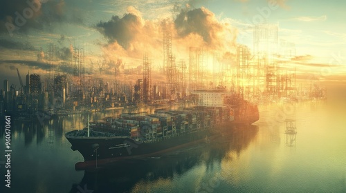 Wallpaper Mural Cargo Ship in a City Harbor with a Sketchy Skyline in the Background Torontodigital.ca