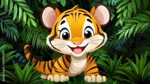 An adorable African safari habitat wildlife poster, zoo, and nature scene featuring a smiling tiger animal cartoon illustration.