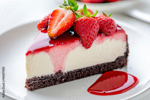 Delicious cheesecake slice topped with fresh strawberries and strawberry sauce, sitting on a chocolate crust, served on a white plate with extra sauce drizzled beside it.