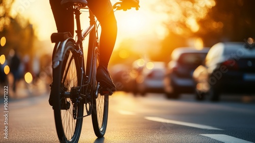 Defocused shot of a bicycle commuter traveling outdoors in a hurry on the street at daytime in a sunny summer day.