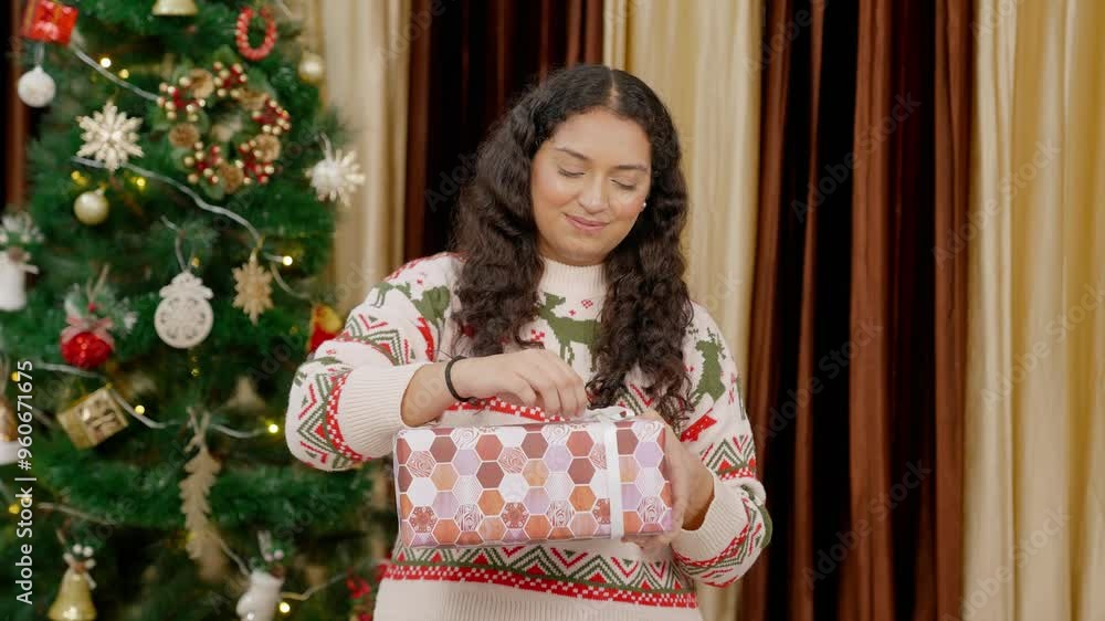 Indian Woman Opening Gift Box on Christmas with Christmas Tree in background Indian Woman Opening Gift Box on Christmas with Christmas Tree in background