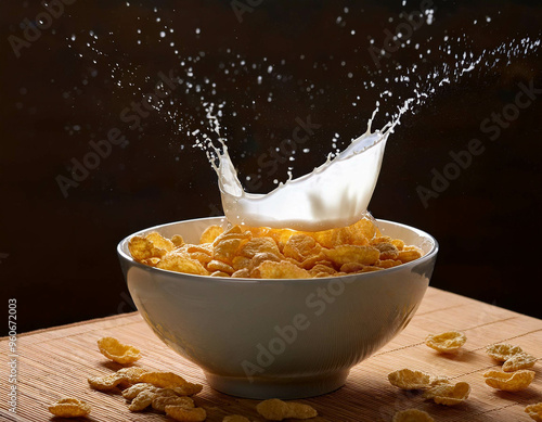 A suspended splash of milk forming a crown as it drops into a bowl of cereal, with each grai photo