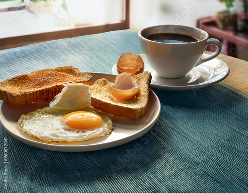 A surreal, floating breakfast table, with each element?coffee cup, toast, eggs?hovering abov photo