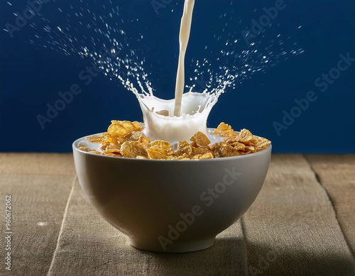 A suspended splash of milk forming a crown as it drops into a bowl of cereal, with each grai photo