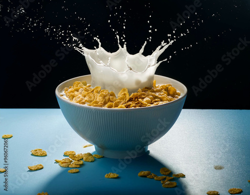 A suspended splash of milk forming a crown as it drops into a bowl of cereal, with each grai photo