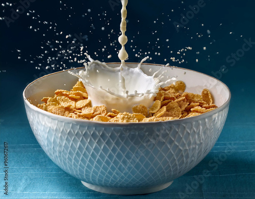 A suspended splash of milk forming a crown as it drops into a bowl of cereal, with each grai photo