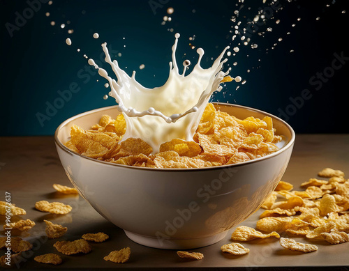 A suspended splash of milk forming a crown as it drops into a bowl of cereal, with each grai photo