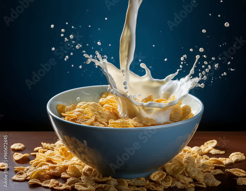 A suspended splash of milk forming a crown as it drops into a bowl of cereal, with each grai photo