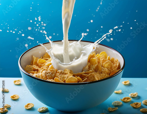 A suspended splash of milk forming a crown as it drops into a bowl of cereal, with each grai photo