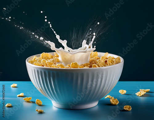 A suspended splash of milk forming a crown as it drops into a bowl of cereal, with each grai photo