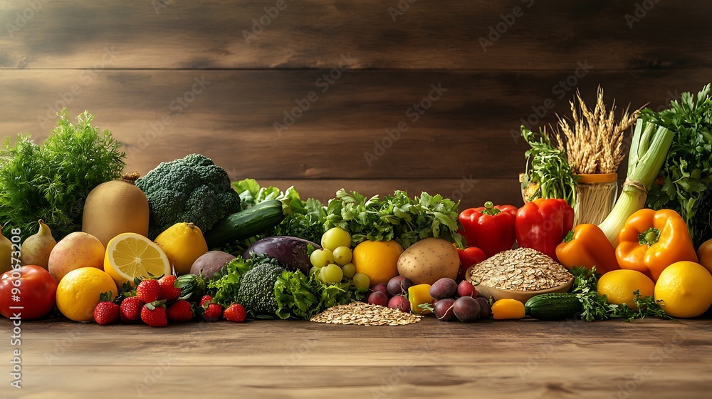 Realistic organic produce setup with a variety of fresh fruits, vegetables, and organic grains on a rustic wooden table Realistic organic produce setup with a variety of fresh fruits, vegetables, and organic grains on a rustic wooden table