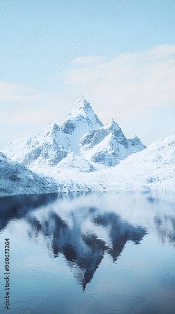 Fototapeta premium A cinematic still of snow-covered mountains reflecting in the calm waters, creating an ethereal and serene atmosphere