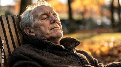 The elderly pensioner lives in a comfortable retirement lifestyle, resting outside on a sunny day on a wooden chair in front of the house. Senior old man relaxing and enjoying the outdoors.