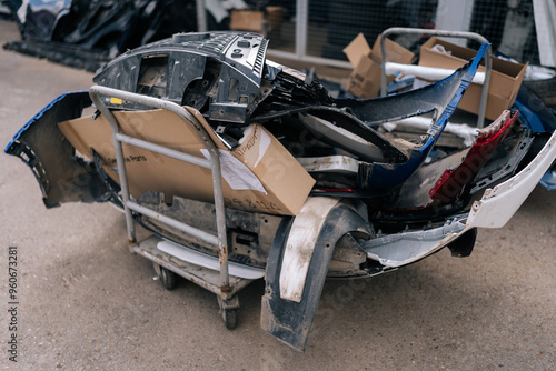 Wallpaper Mural Close-up of mixed scrap metal pile at auto wrecking yard. Dismantling of old automobiles at industrial scrapyard. Colored jumble of iron waste as old car body, various leftover recyclable materials. Torontodigital.ca