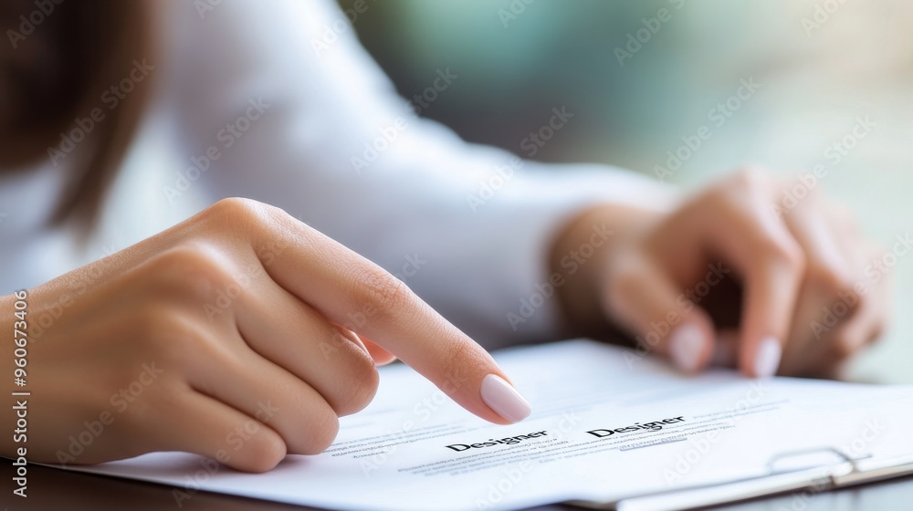 Hand of a businesswoman touching a resume document on the desk at work. Professional CV for company job career recruitment. Job interview candidate for a company. Hand of a businesswoman touching a resume document on the desk at work. Professional CV for company job career recruitment. Job interview candidate for a company.