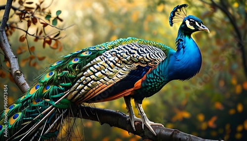 Majestic peacock draped in vibrant jewels perched on tree branch surrounded by lush green leaves photo