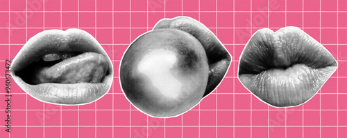Halftone collage banner, mouths of different shapes cut out of newspaper, bubble gum. Paper lips, girly elements on pink checkered background.