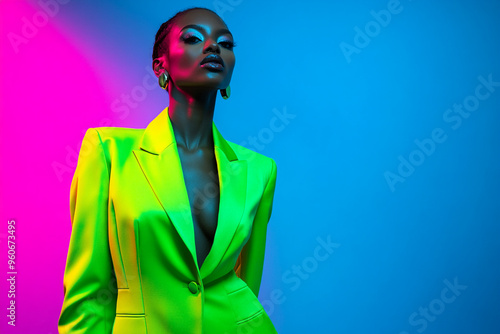 Womans Neon Green Suit with Solid Neon Blue Accents, Vibrant Lifestyle Portrait with Bold Fashion