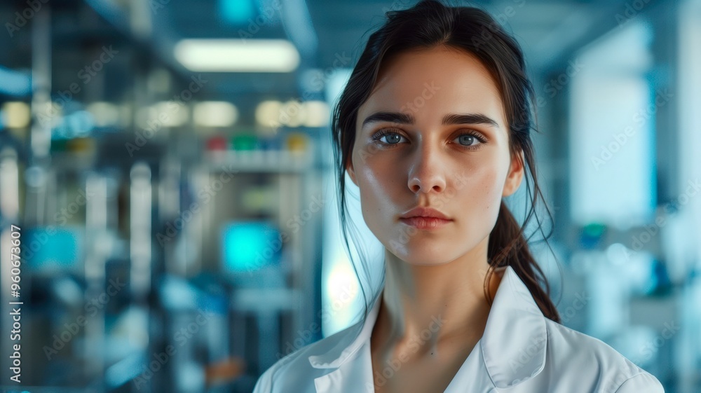 Young scientist in lab coat looks thoughtfully in high-tech laboratory during a research project Young scientist in lab coat looks thoughtfully in high-tech laboratory during a research project