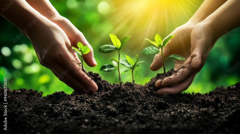 The two hands hold a small green tree plant rooted in forest soil, representing diversity, culture, racial differentiation, environmental sustainability, a community of many races, and friendship. The two hands hold a small green tree plant rooted in forest soil, representing diversity, culture, racial differentiation, environmental sustainability, a community of many races, and friendship.