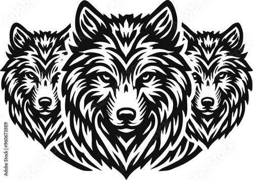 Three wolf heads design illustration vector.