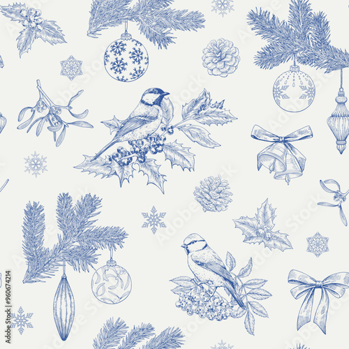 Toile art Christmas Vintage seamless pattern with tit birds fir twig mistletoe bells balls bows snowflakes. Blue beige. Hand drawn Vector background for design holidays package, paper, new year decor