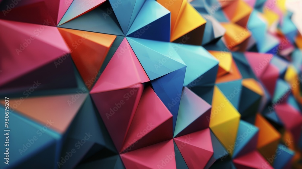 Obraz premium An array of colorful triangular shapes forms an eye-catching geometric pattern, showcasing the brilliance of modern design while inviting viewers to explore the interplay of light and shadow