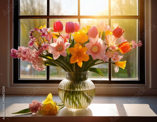 A vibrant spring bouquet of fresh flowers arranged in a glass vase on a sunlit windowsill, s photo