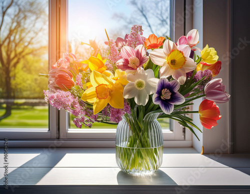 A vibrant spring bouquet of fresh flowers arranged in a glass vase on a sunlit windowsill, s photo